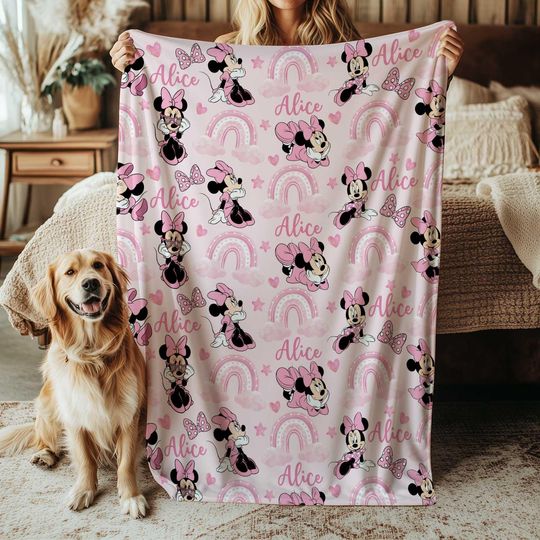 Discover Disney Minnie Mouse Rainbow Blanket, Mickey And Friends Blanket, Minnie Birthday Blanket Gift, Pink Bow Nursery For Girl Blanket, THA317