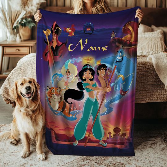 Custom Aladdin Blanket, Disney Jasmine Throw Blanket, Aladdin Genie Monkey Abu Rajah Blanket, Magic Kingdom Blanket Gift, VTB623