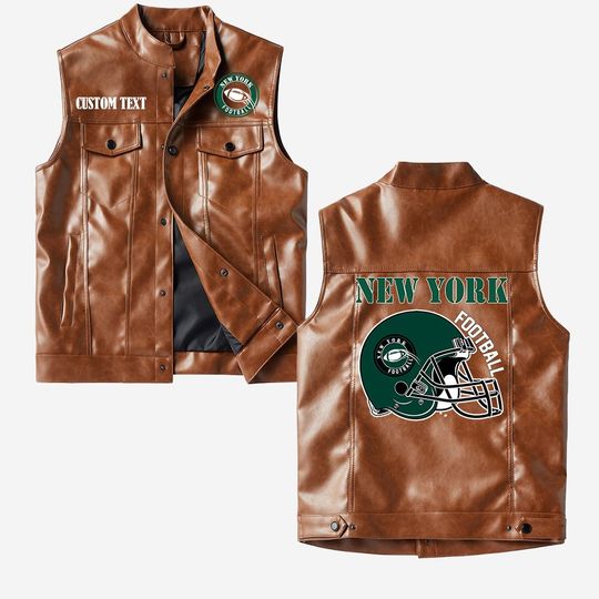 New York Football Crorodile skin PU Vest Leather Jacket, Vintage style, Customize name
