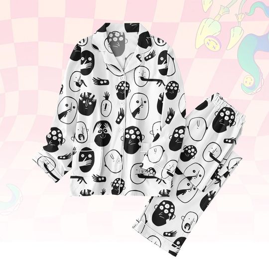 Discover Abstract Face Thick Pajamas Set, Trendy Black White Art Print Sleepwear, Minimalist Cozy Winter Loungewear, Aesthetic Girl Pajamas