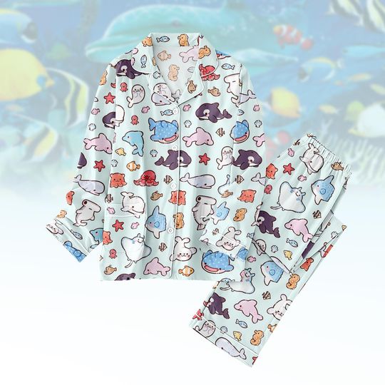 Discover Cartoon Sea Life Thick Pajama Set, Ocean Animal Long Thick Pajamas, Marine Life Long Pyjama, Women Matching PJs Set, Gift for Ocean Fan