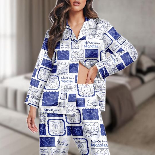 Discover Manatee Long Satin PJs Set, Advice Manatee Satin Pajamas, Blue Manatee Long Pajama Set, Manatee Pajamas, Gift For Her