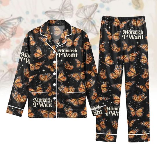Discover Monarch Long Satin PJs Set, Butterfly Long Sleeve Pajamas, Long Pajama Set, Women Satin Pajama, Women Homewear, Gift for Her