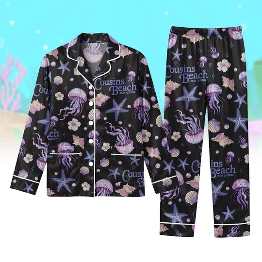 Discover Beach Long Satin PJs Set, Jellyfish Long Sleeve Pajamas, Seashell Long Pajama Set, Women Satin Pajama, Gift for Her