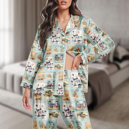 Discover Summer Beach Satin PJs Set, Tropical Long Satin Pajamas, Beach Long Pajama Set, Women Pajamas, Gift For Her