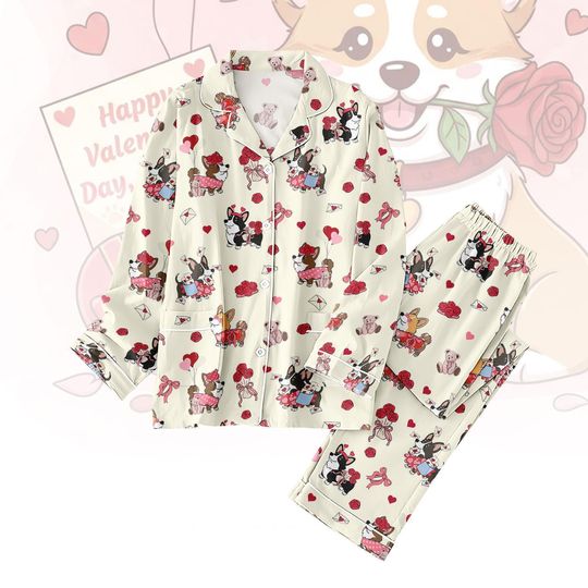 Discover Valentine Corgi Thick PJs Set, Cute Dog Long Thick Pajamas, Animal Print Long Pajama Set, Women Pajamas, Gift for Dog Lover