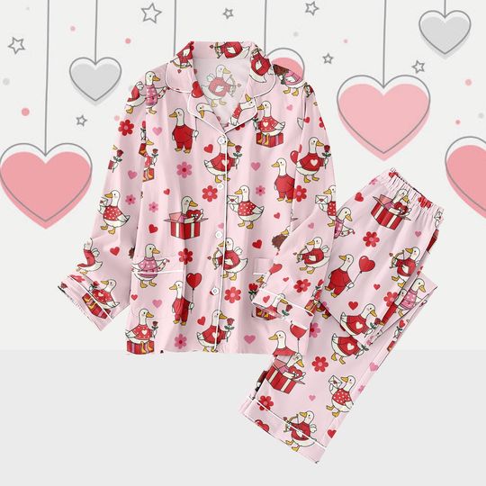 Discover Duck Pattern Long Thick PJs Set, Cute Duck Long Pajamas, Cozy Long Pajama Set, Women Pajamas, Valentine Gift for Her
