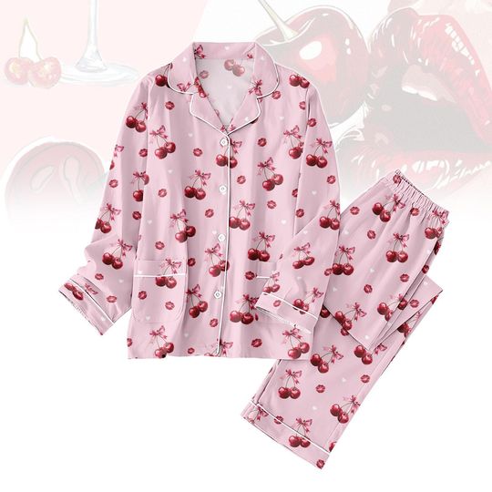 Discover Cherry Long Thick PJs Set, Cherry Print Long Thick Pajamas, Fruit Pattern Long Pajama Set, Women Pajamas, Gift for Her Fan