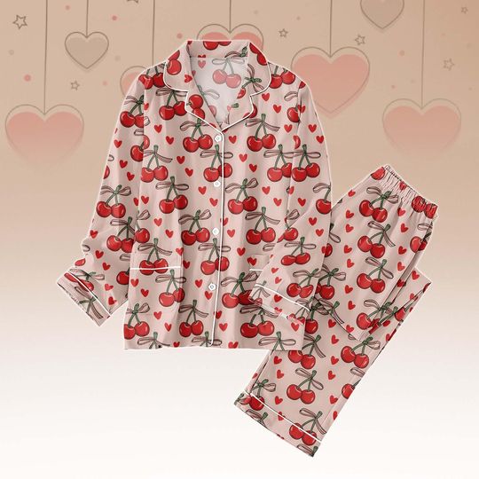 Discover Cherry Heart Thick PJs Set, Cherry Long Thick Pajamas, Heart Long Pajama Set, Women Pajamas, Gift for Her