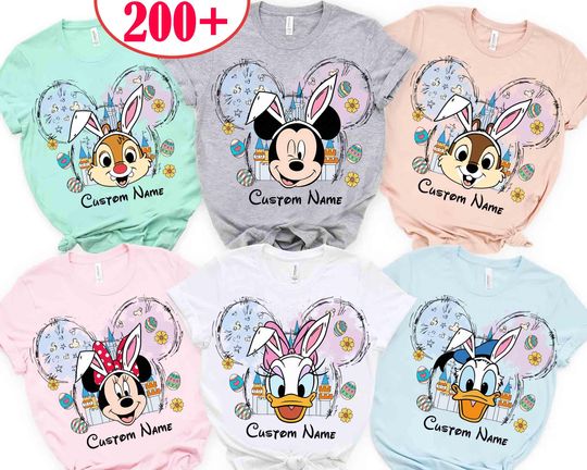 Discover Personalized Multi Characters Checkered Mickey & Friends Mickey Ears Castle Easter Shirts, Bunny Eggs Happy Easter Tee, Disney Matching Tee