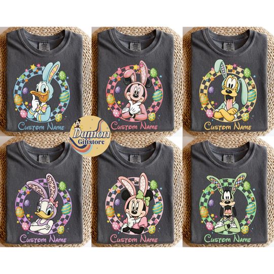 Discover Personalized Multi Characters Checkered Mickey & Friends Disney Easter Shirts, Bunny Eggs Happy Easter Shirt, Disney Family Matching Shirt