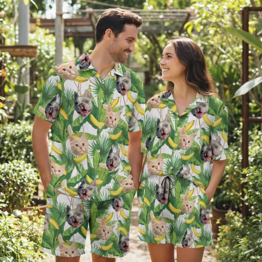 Custom Pet Face Hawaiian Shirt Couples Tropical Vacation Outfit