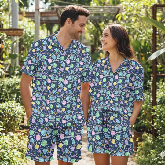 Discover Navy Gem Print Hawaiian Shirt Couples Matching Vacation Set