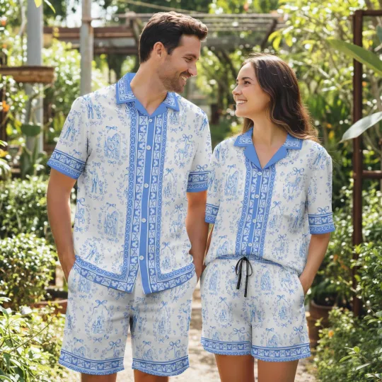 Discover Blue Toile Hawaiian Shirt Couples Matching Aloha Summer Outfit