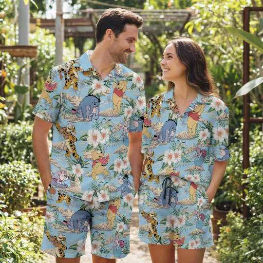 Discover Cartoon Bear Hawaiian Shirt Couples Matching Tropical Aloha Set