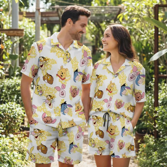 Discover Cartoon Bear Hawaiian Shirt Couples Matching Aloha Summer Vacation Set