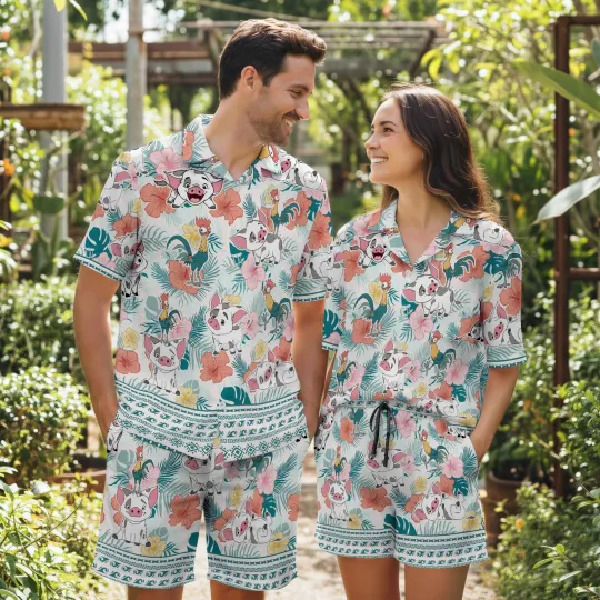 Discover Cartoon Pig Tropical Hawaiian Shirt Couples Matching Aloha Set