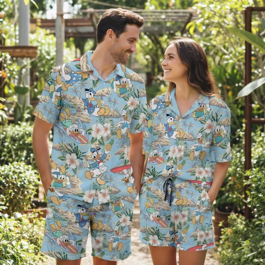 Discover Cartoon Duck Hawaiian Shirt Couples Tropical Aloha Outfit