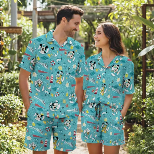 Discover Nautical Cartoon Hawaiian Shirt Couples Matching Vacation Set