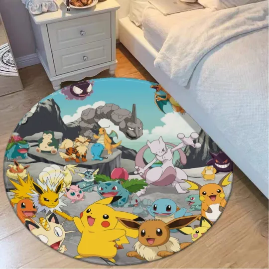 Discover Poket mons Characters Print Foldable Round Floor Mat Rug Non-slip backing Carpet