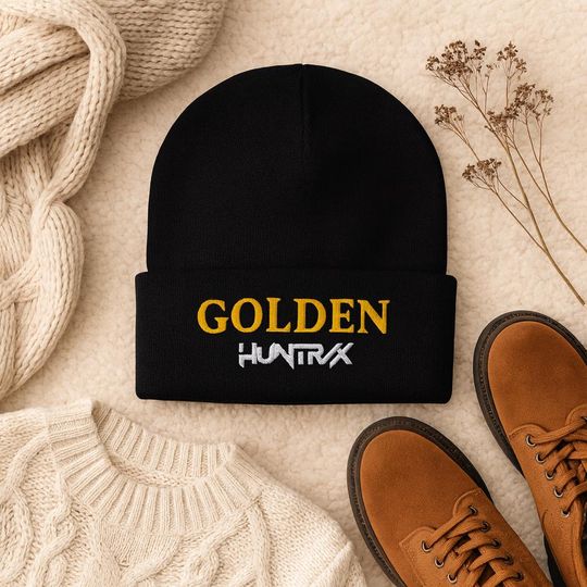 Golden K-Pop Demon Hunters Inspired Embroidered Cuffed Beanie Hat, Huntrix Inspired Christmas Gift