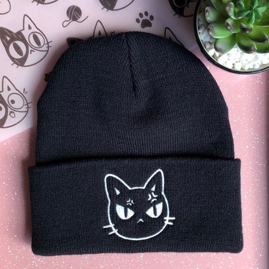 Discover Glow in the Dark Angry Cat Beanie, Embroidered Black Unisex Adult Beanie, Cuffed Knit Beanies, Unique Cat Lover Gift, Cute Cat Expression