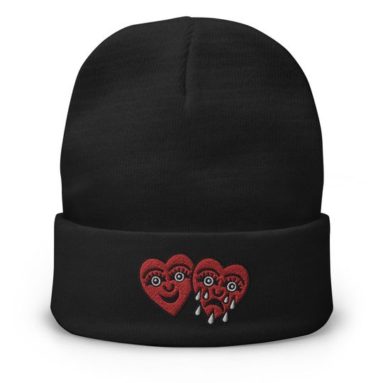 Embroidered Crying Hearts Beanie: Unisex Knit Winter Hat