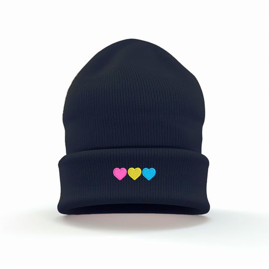 Discover Pansexual Pride Beanie: Embroidered Hearts, Cuffed Acrylic Knit