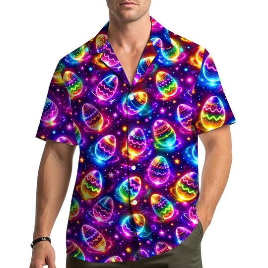 Discover Neon Easter Egg Hawaiian Shirt Men Women, Galaxy Psychedelic Aloha Shirt, Colorful Spring Button Down Top, Holiday Party Outfit