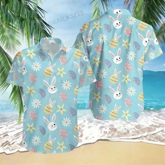 Discover Easter Bunny Hawaiian Shirt, Blue Floral Easter Shirt for Men Women, Bunny Daisy Button Up, Spring Beach Outfit, Cute Easter Gift