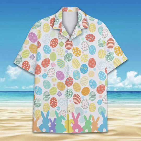 Discover Easter Bunny Hawaiian Shirt for Adult Youth, Colorful Easter Party Button Up Shirt, Cute Rabbit Bunny Easter Eggs Print, Spring Shirt