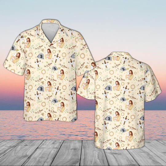 Discover Christian He Is Risen Hawaiian Shirt, Easter Jesus Shepherd Button Up, Religious Resurrection Empty Tomb Beach Wear, Faith Based