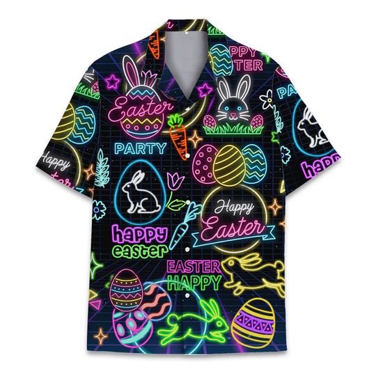 Discover Neon Easter Bunny Hawaiian Shirt for Adult Youth, Colorful Happy Easter Aloha Button Down Short Sleeve Shirt, Holiday Party Outfit