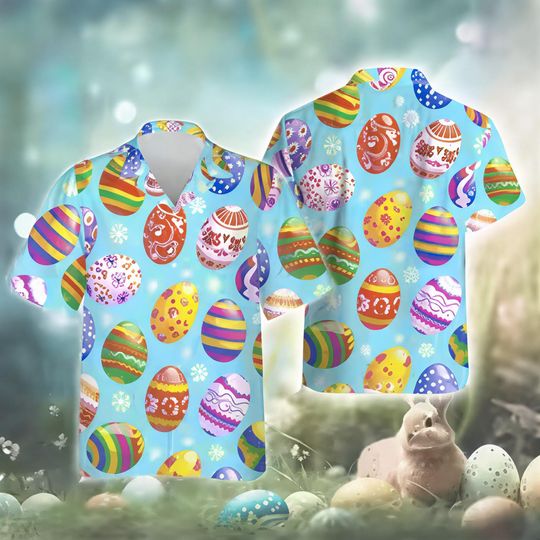 Discover Easter Hawaiian Shirt for Men and Women, Colorful Easter Egg Aloha Shirt Blue, Spring Vacation Shirt, Fun Easter Gift
