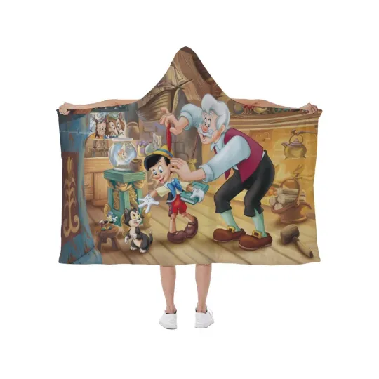 Discover Top! Disney Classic Pinocchio Print Hooded Blanket Soft Fleece Lining Wearable