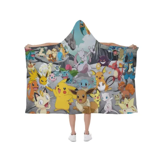 Discover Top! Anime Poket mons Characters Print Hooded Blanket Soft Fleece Lining Wearable