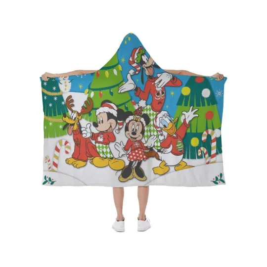 Discover Top! Disney Happy Christmas Print Hooded Blanket Soft Fleece Lining Wearable