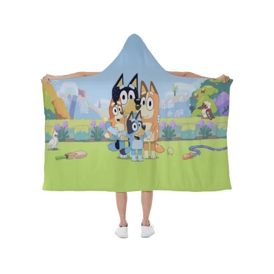Discover Top! BlueyDad's Happy Family Print Hooded Blanket Soft Fleece Lining Wearable