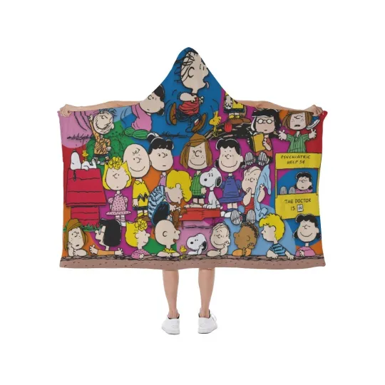Discover Top! Snoopy Peanuts Gang Print Hooded Blanket Soft Fleece Lining Wearable
