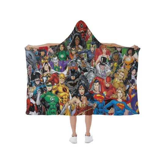 Discover Top! Superheroes Characters Print Hooded Blanket Soft Fleece Lining Wearable
