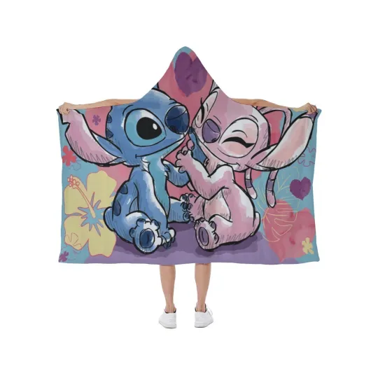 Discover Stitch And Angel Love Couple Print Hooded Blanket Soft Fleece Lining Wearable