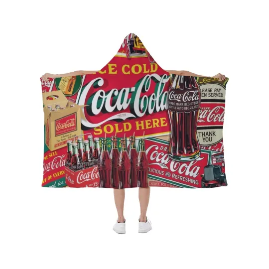 Discover Top! Coca-Cola Vintage Classic Print Hooded Blanket Soft Fleece Lining Wearable