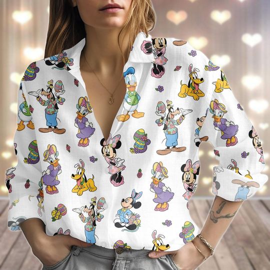 Discover Mickey And Friends Easter Day Linen-Look Shirt, Happy Easter 2026 Women Shirt, Disney Easter Eggs Casual Shirt, Holiday Gift For Her