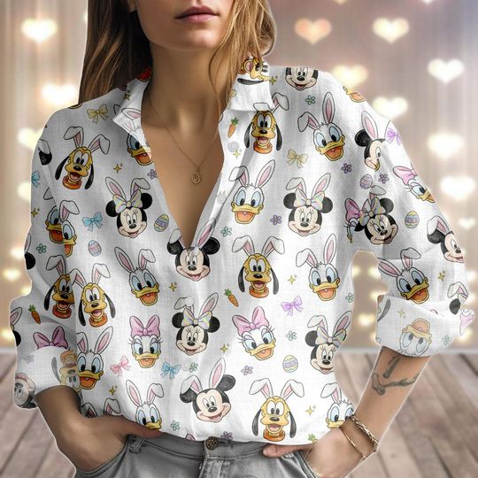Discover Disneyland Easter 2026 Day Linen-Look Shirt, Mickey And Friends Easter Women Shirt, WDW Family Easter Trip Casual Shirt, Gift For Her