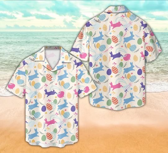 Discover Happy Easter Bunny Hawaiian Shirt For Men Women, Rabbit Easter Eggs Button Up Shirt, Colorful Kids Easter Shirt Matching Easter Family Shirt