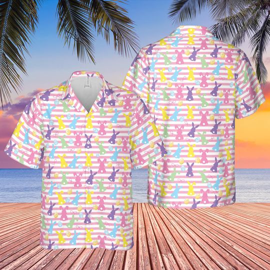Discover Happy Easter Hawaiian Shirt, Pastel Bunny Button Up Shirt, Cute Rabbit Easter Shirt, Coquette Bow Easter Shirt