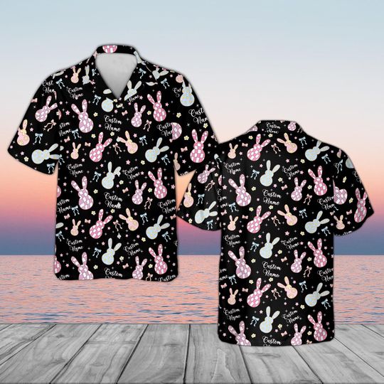Custom Easter Bunny Hawaiian Shirt, Personalized Gingham Rabbit Pattern, Groovy Floral Spring Button Down, Cute Pastel Holiday Gift