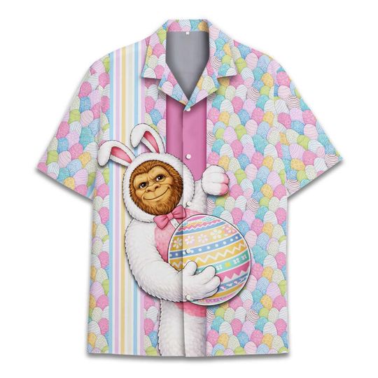 Discover Easter Bigfoot Hawaiian Shirt Unisex, Funny Sasquatch Bunny Egg Hunt Aloha Shirt, Cute Easter Party Shirt Button Down, Spring Outfits