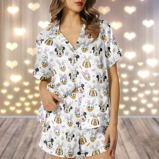 Discover Disneyland Easter 2026 Day Satin Pajamas Set, Mickey And Friends Easter Women Pajamas, WDW Family Easter Trip Sleepwear For Her