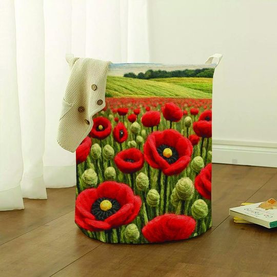 Red Poppy Field Laundry Basket, Faux Yarn Style Floral Meadow Art Hamper, Knitted Poppy Landscape Illustration, Cozy Laundry Storage Decor